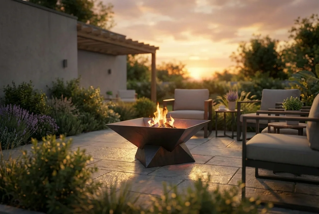 Palenisko jako centrum – nowoczesne palenisko ogrodowe na tarasie o zachodzie słońca