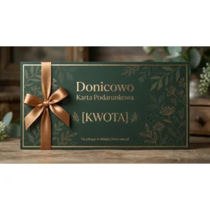 Karta podarunkowa Donicowo w stylu premium – zielono-złoty projekt botaniczny z kokardą i miejscem na kwotę