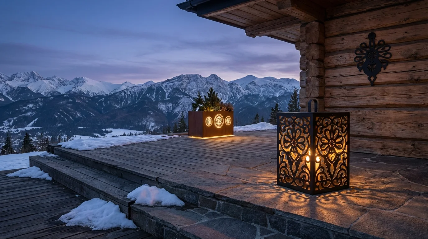 Metalowy lampion i ornament góralski na tarasie drewnianej chaty z widokiem na góry – kolekcja góralska Donicowo