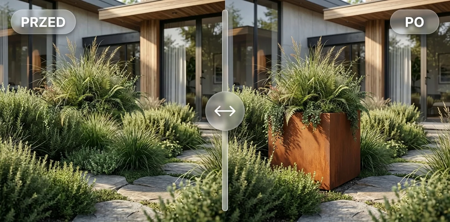 Donica metalowa premium w nowoczesnym ogrodzie – efekt PRZED i PO