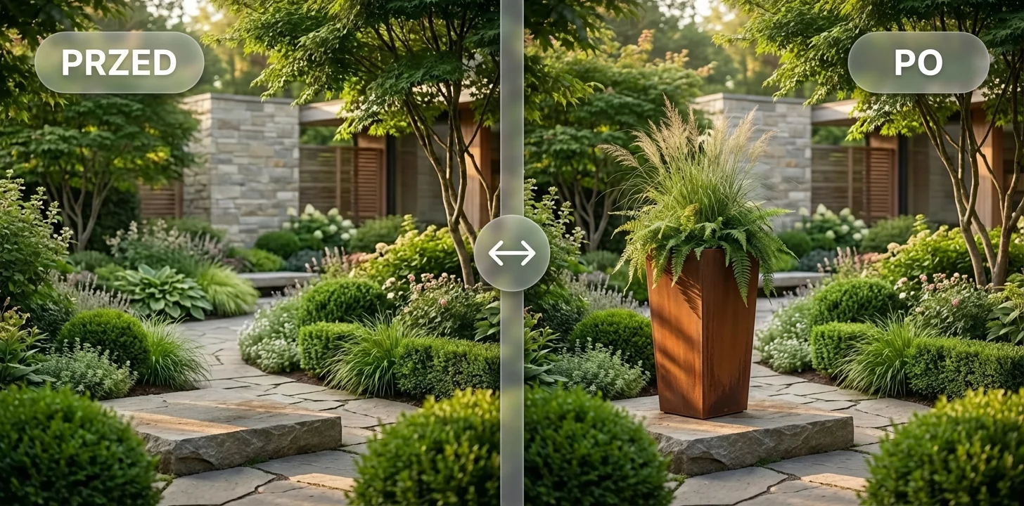 Metalowa donica corten jako punkt centralny w ogrodzie – metamorfoza PRZED i PO
