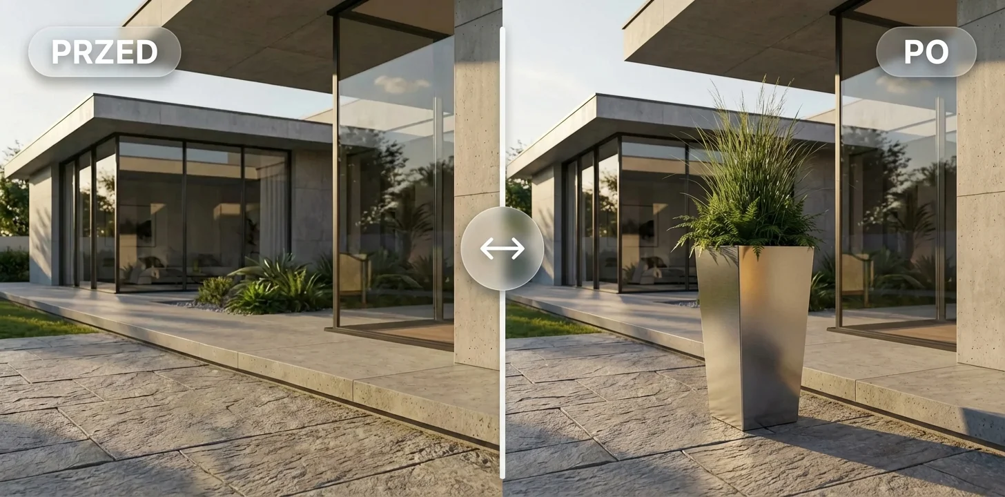 Metamorfoza PRZED/PO – metalowa donica Donicowo porządkuje strefę wejścia i tarasu