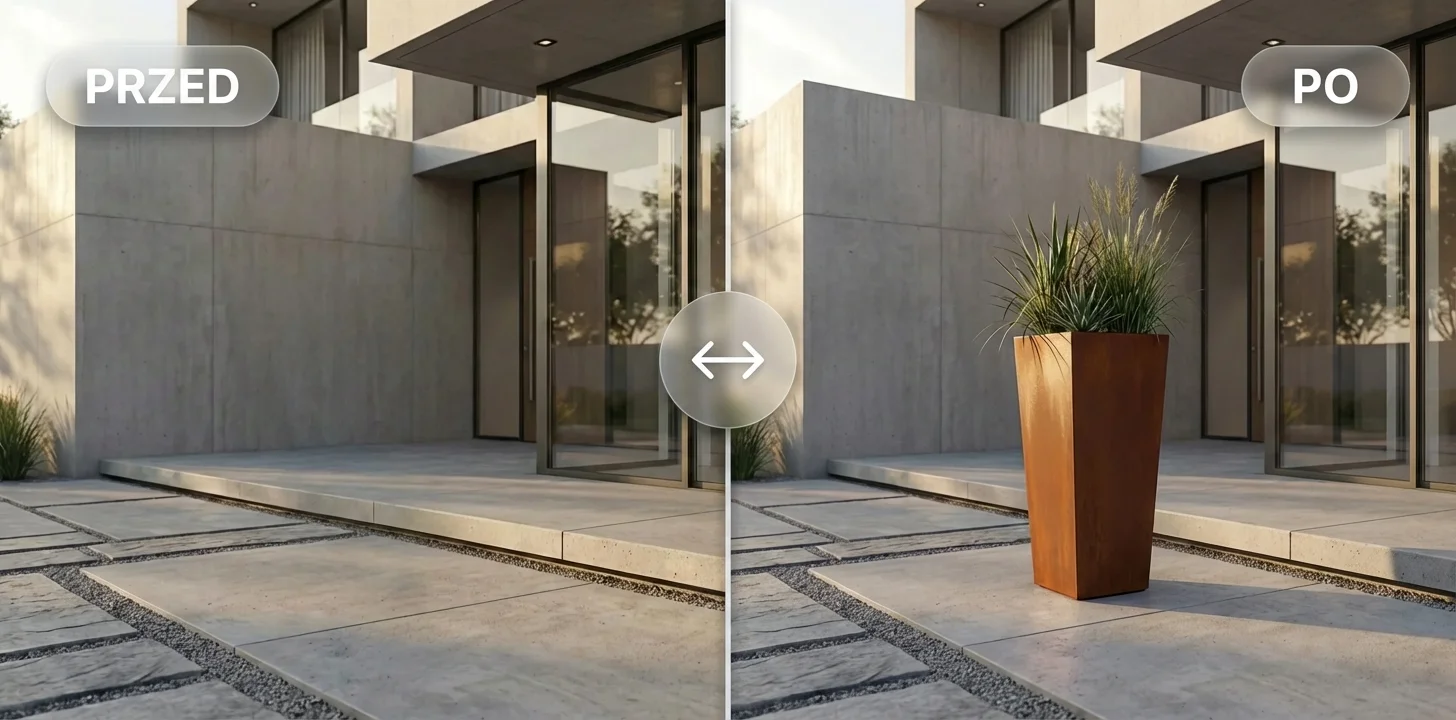 Metalowa donica corten przy nowoczesnym tarasie — efekt PRZED i PO