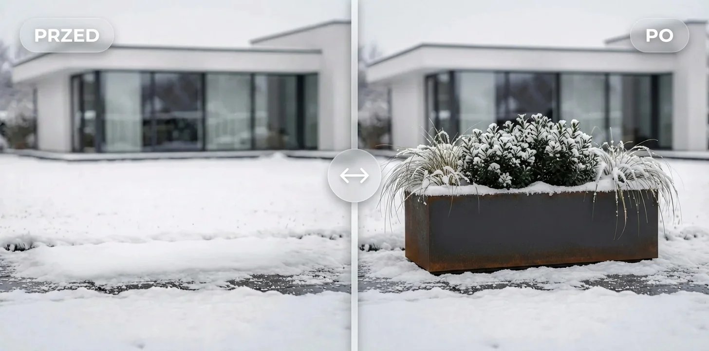 Metamorfoza PRZED/PO – donica metalowa Donicowo jako mocny akcent w aranżacji ogrodu