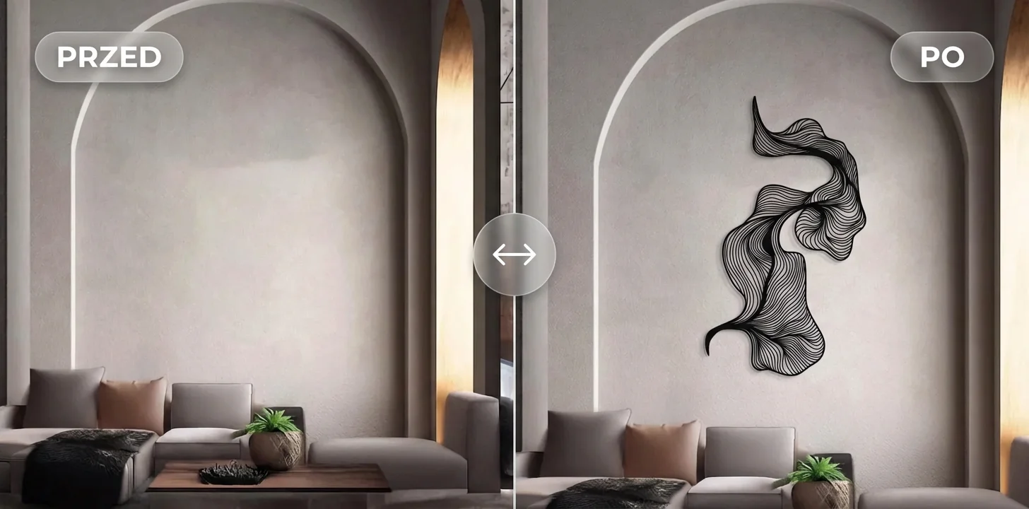 Metalowa dekoracja ścienna abstrakcyjna – metamorfoza PRZED i PO, nowoczesny akcent w salonie