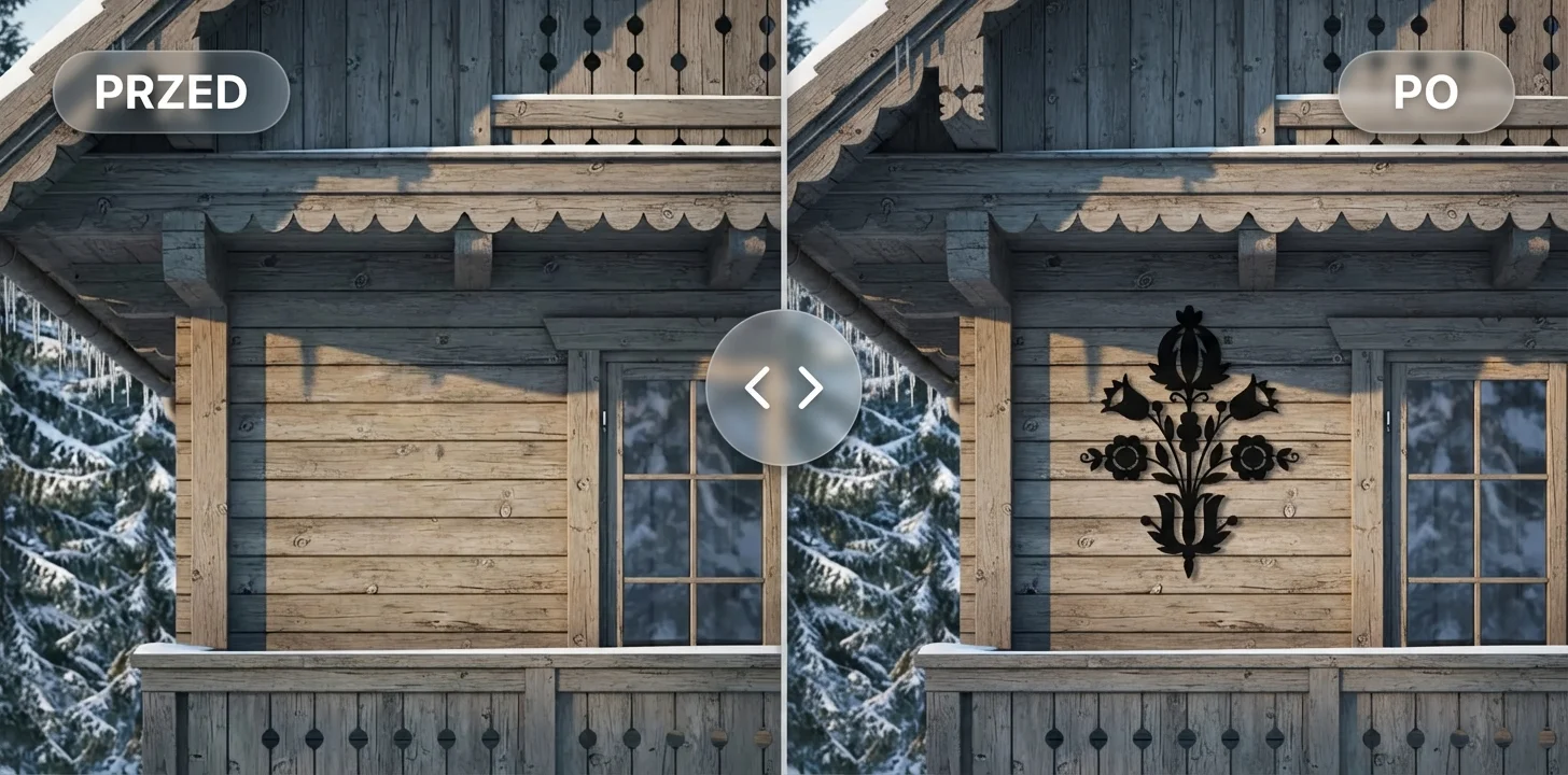 Metamorfoza PRZED/PO – motyw góralski w metalowej dekoracji Donicowo na drewnianej elewacji