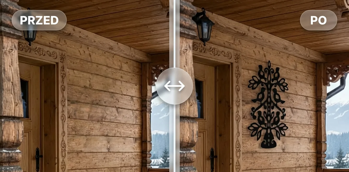 Góralska dekoracja ścienna na drewnianej elewacji – metamorfoza PRZED i PO, folkowy ornament