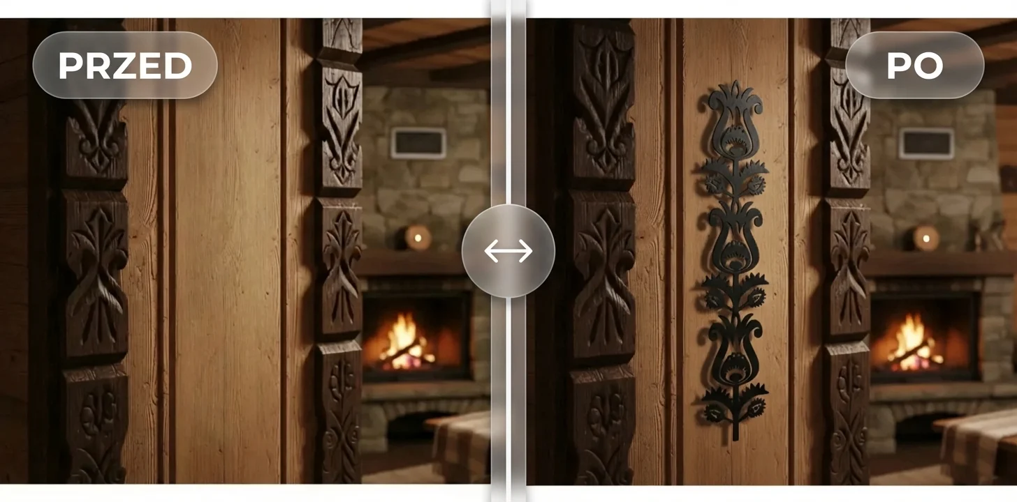 Metamorfoza PRZED/PO – dekoracja metalowa Donicowo w stylu góralskim we wnętrzu z drewnem