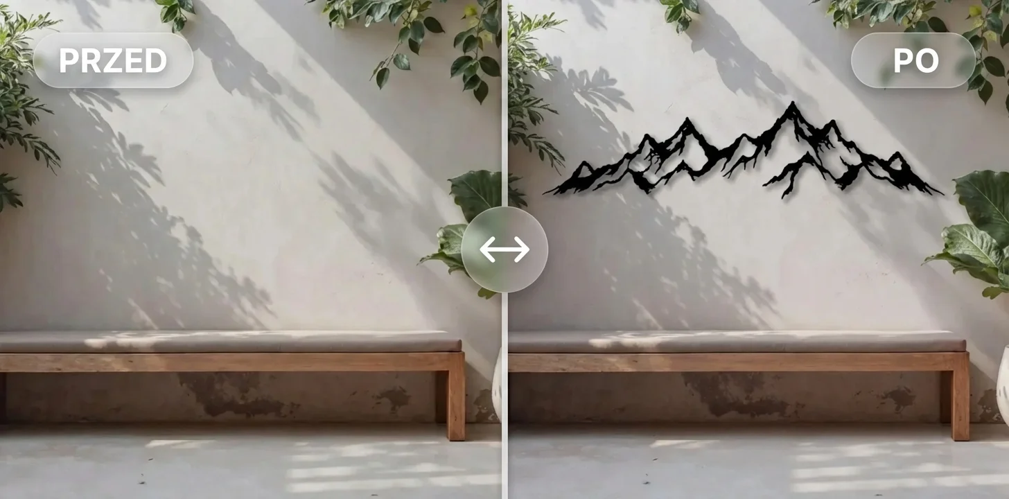 Metamorfoza PRZED/PO – pusta ściana domu i dekoracja ścienna metalowa Donicowo jako mocny akcent