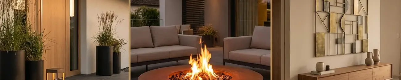 Tryptyk inspiracji Donicowo: nowoczesne wejście z donicą, strefa ognia z paleniskiem oraz dekoracje ścienne w salonie