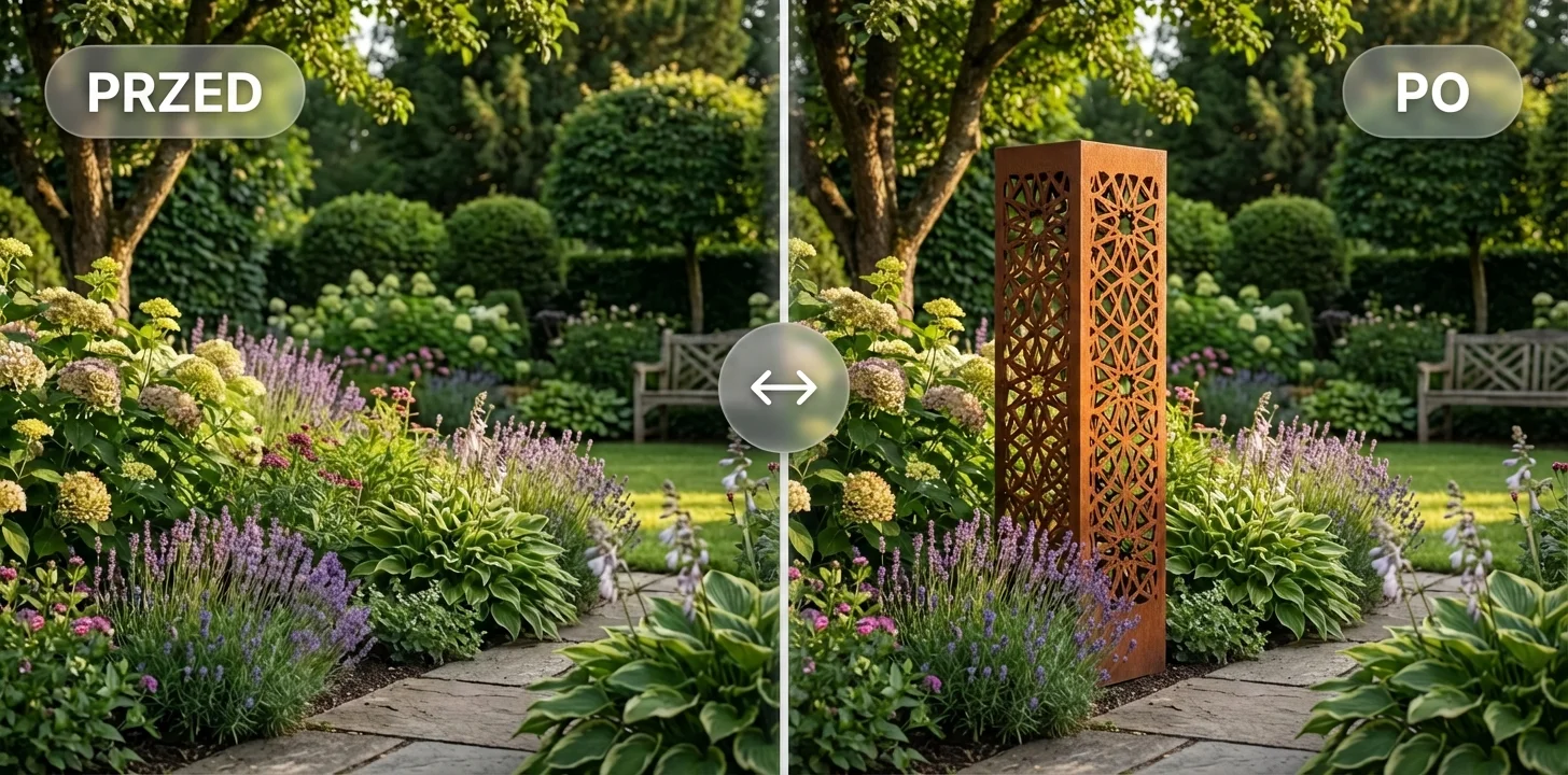 Porównanie PRZED/PO: kolumna ogrodowa jako wysoki akcent wśród bylin i ścieżki.