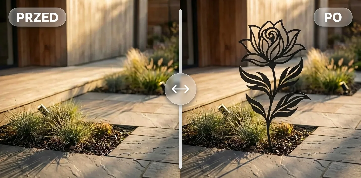 Metamorfoza PRZED/PO – metalowa dekoracja do wbicia Donicowo ożywia ścieżkę i rabaty