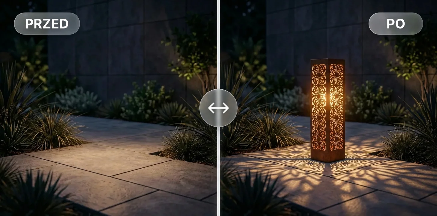 Lampion ogrodowy metalowy jako efekt świetlny na tarasie – metamorfoza PRZED i PO