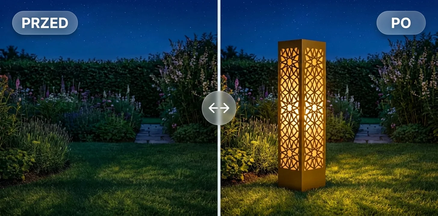 Lampion ogrodowy świecący wieczorem — metamorfoza PRZED i PO