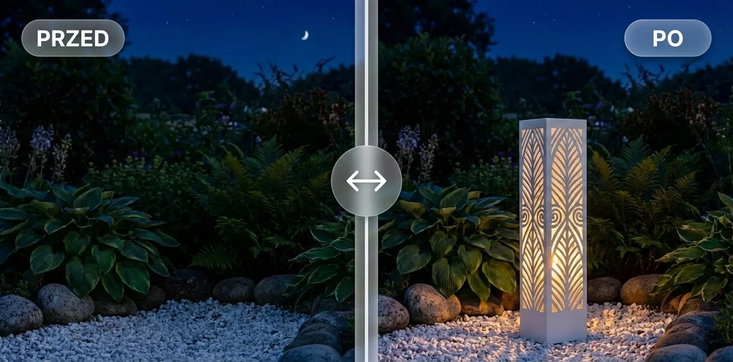 Metamorfoza PRZED/PO – lampion dekoracyjny Donicowo rozświetla ogród nocą