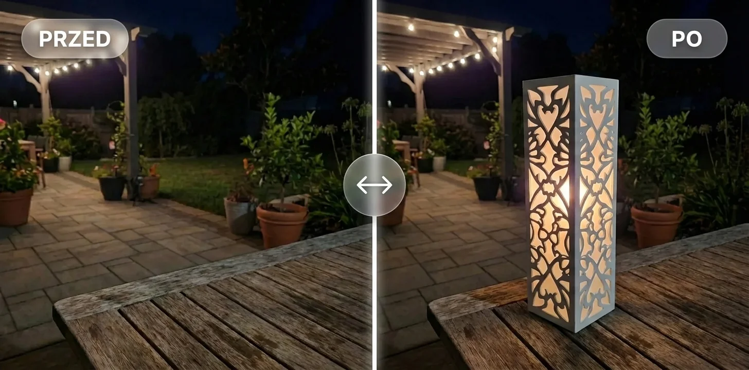 Metalowy lampion na tarasie wieczorem – metamorfoza PRZED i PO