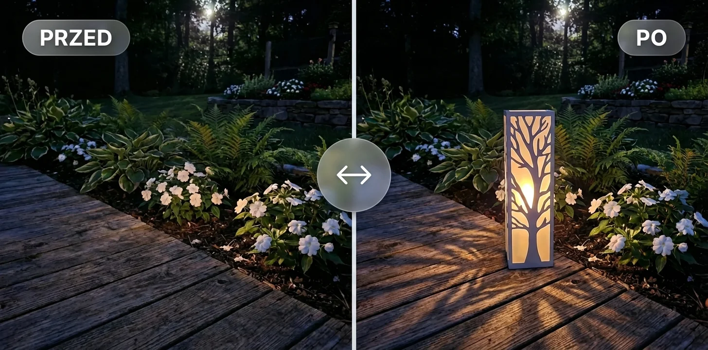Porównanie PRZED/PO: podświetlany lampion ogrodowy w nocnej aranżacji rabaty.