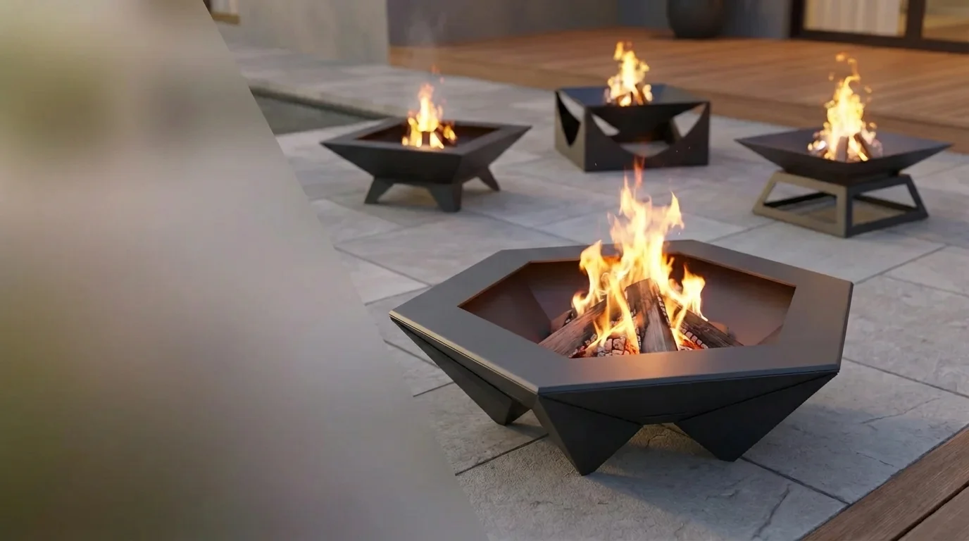 Nowoczesne metalowe palenisko na tarasie – strefa ognia Donicowo