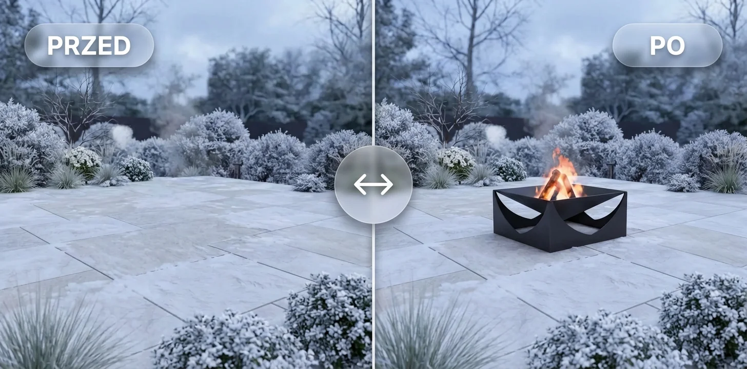 Metamorfoza PRZED/PO – palenisko ogrodowe Donicowo zimą jako centrum spotkań na tarasie