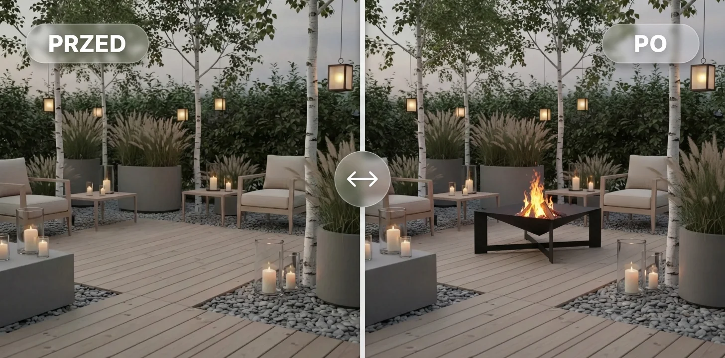 Nowoczesne palenisko na tarasie jako centrum strefy spotkań – metamorfoza PRZED i PO