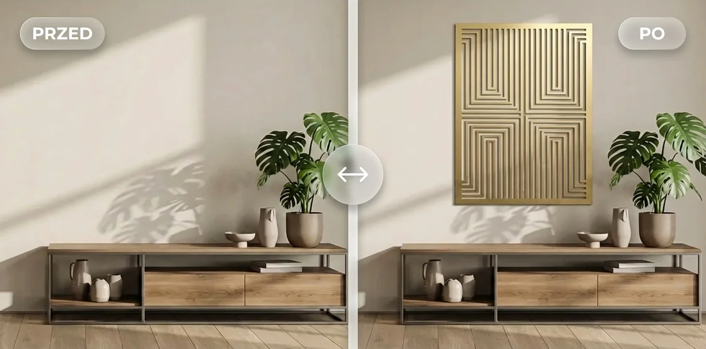 Metalowy panel dekoracyjny na ścianie – metamorfoza PRZED i PO, geometryczny wzór w nowoczesnym wnętrzu