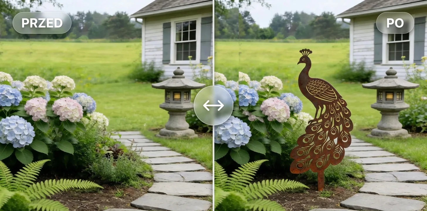 Porównanie PRZED/PO: dekoracja do wbicia „paw” w ogrodzie przy ścieżce i hortensjach.