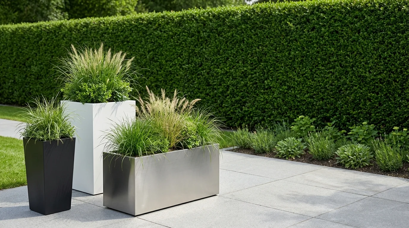 Nowoczesne metalowe donice ogrodowe przy tarasie – Projekt na lata