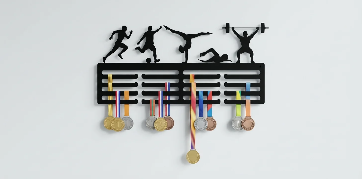 Metalowy wieszak na medale z sylwetkami sportowców – symbol pasji, wysiłku i osiągnięć