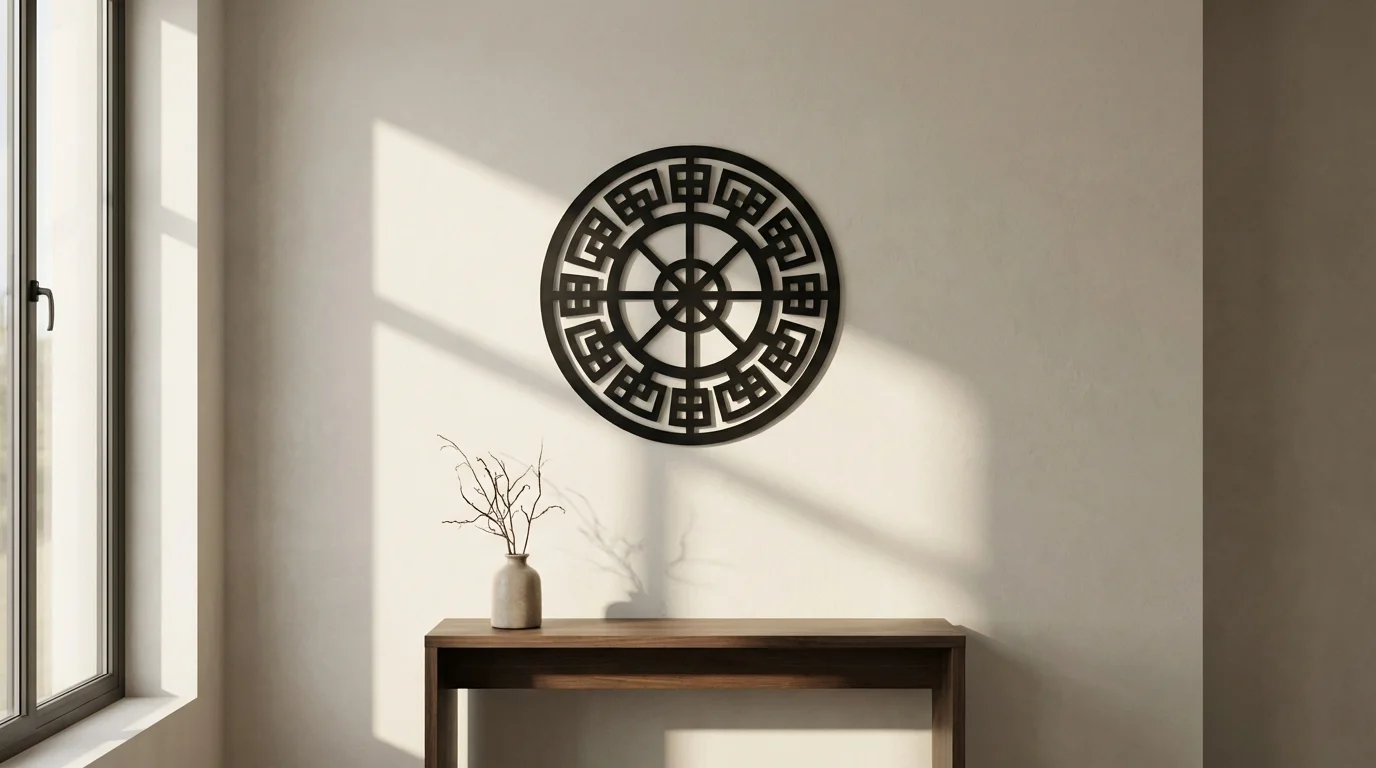 Metalowa rozeta ścienna w minimalistycznym wnętrzu – symbol harmonii i geometrycznego designu