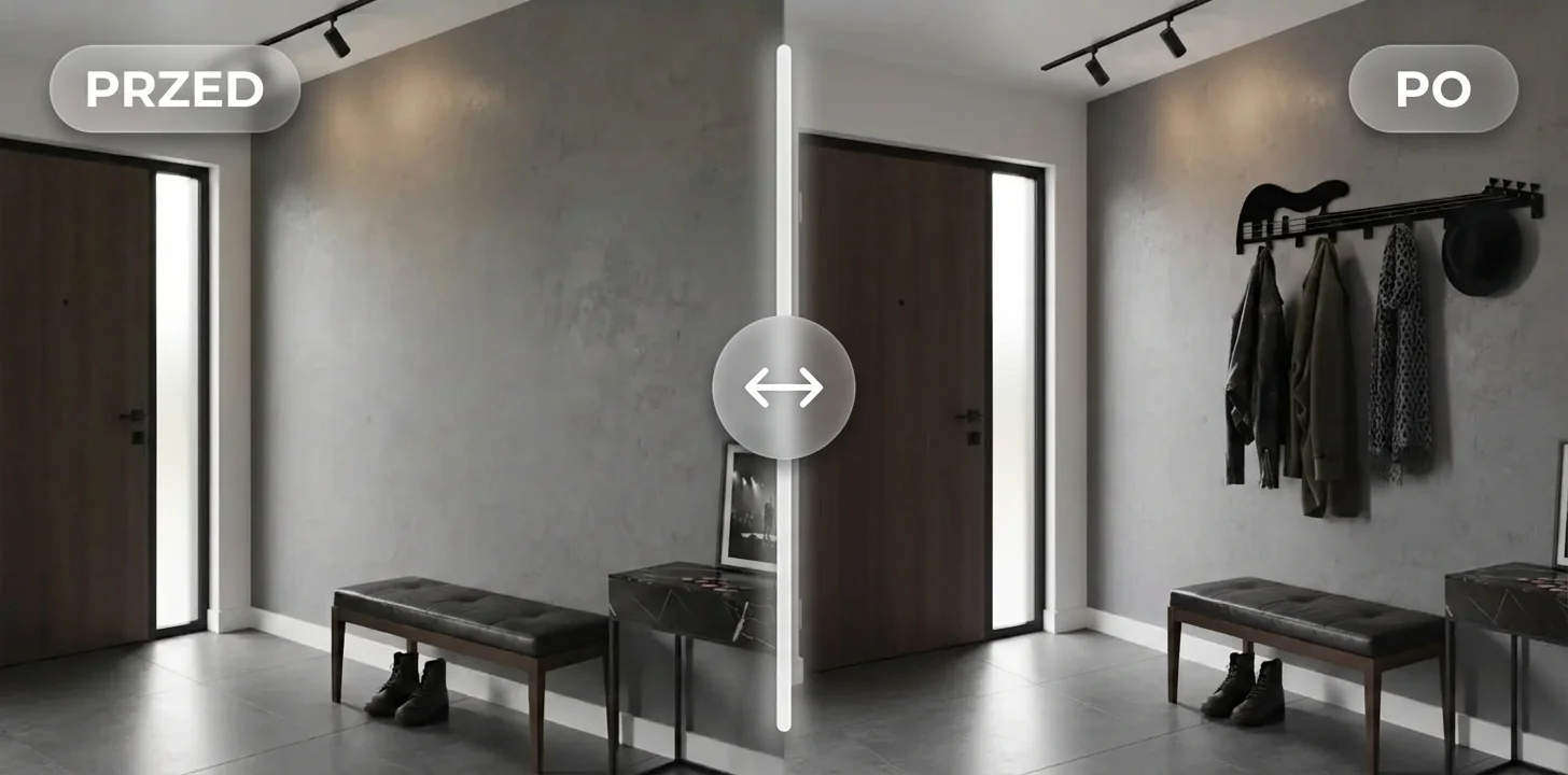 Wieszak ścienny w kształcie gitary w przedpokoju – metamorfoza PRZED i PO, loftowy klimat