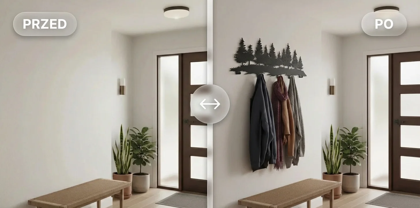 Metamorfoza PRZED/PO – wieszak ścienny metalowy Donicowo porządkuje wejście do domu