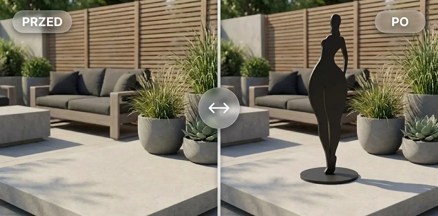 Metalowa forma wolnostojąca jako punkt centralny na tarasie – metamorfoza PRZED i PO