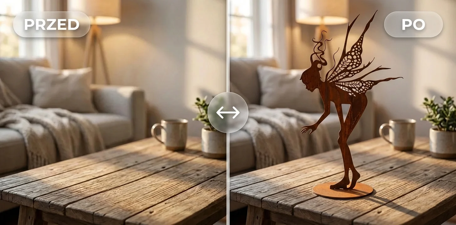 Metamorfoza PRZED/PO – dekoracja wolnostojąca Donicowo na stoliku jako artystyczny akcent
