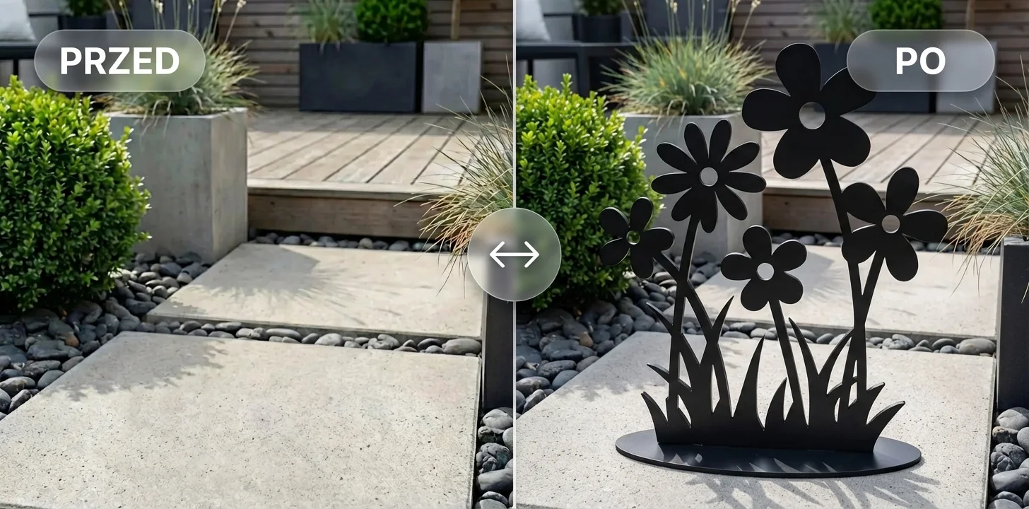 Porównanie PRZED/PO: dekoracja wolnostojąca w formie abstrakcyjnej kompozycji na ścianie wnętrza.