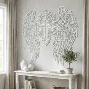 Anielski Krzyż Światła – metalowa dekoracja ścienna