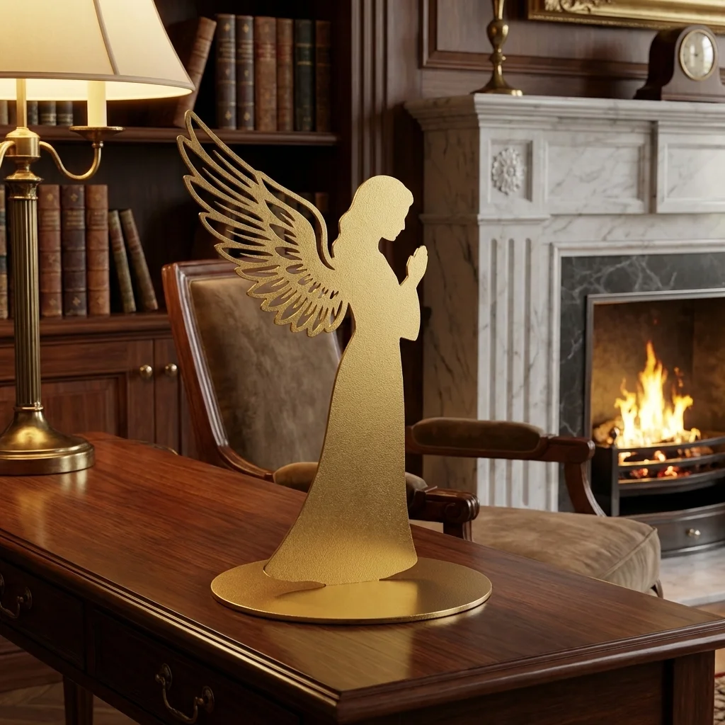Anioł Modlitwy – metalowa dekoracja wolnostojąca w kolorze złotym ustawiona na drewnianym biurku