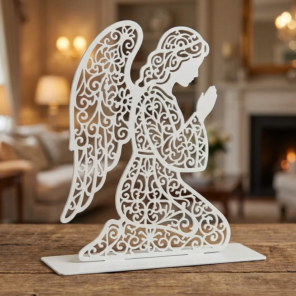 Anioł Modlitwy Klęczący – metalowa dekoracja wolnostojąca ustawiona na drewnianym stole w eleganckim wnętrzu