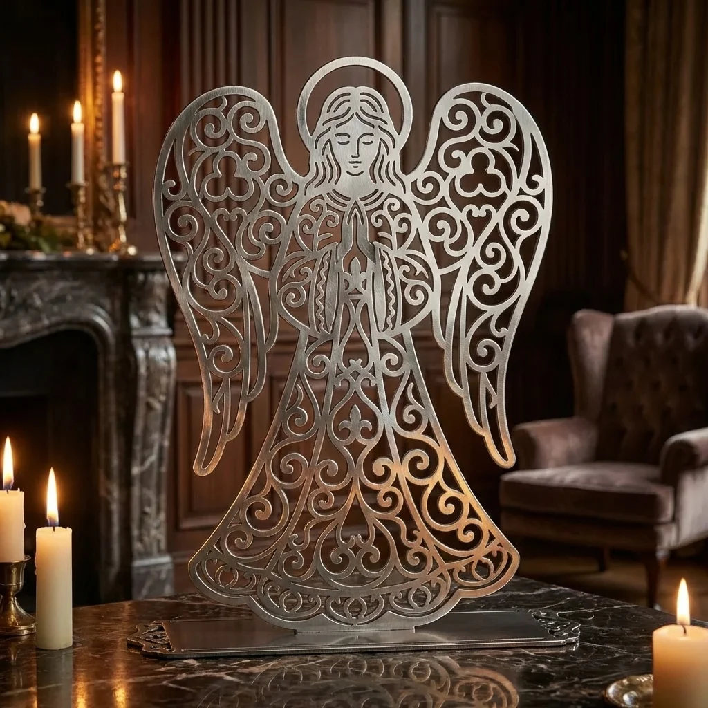 Anioł Modlitwy Królewski – metalowa dekoracja wolnostojąca ustawiona na marmurowym stole w eleganckim wnętrzu