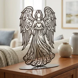 Anioł Serca – metalowa dekoracja wolnostojąca ustawiona na drewnianej komodzie w jasnym wnętrzu