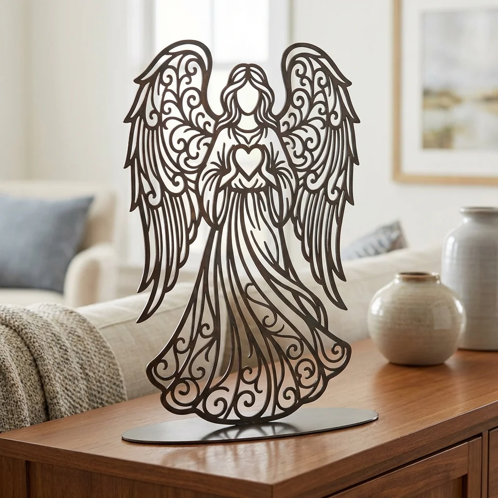 Anioł Serca – metalowa dekoracja wolnostojąca ustawiona na drewnianej komodzie w jasnym wnętrzu