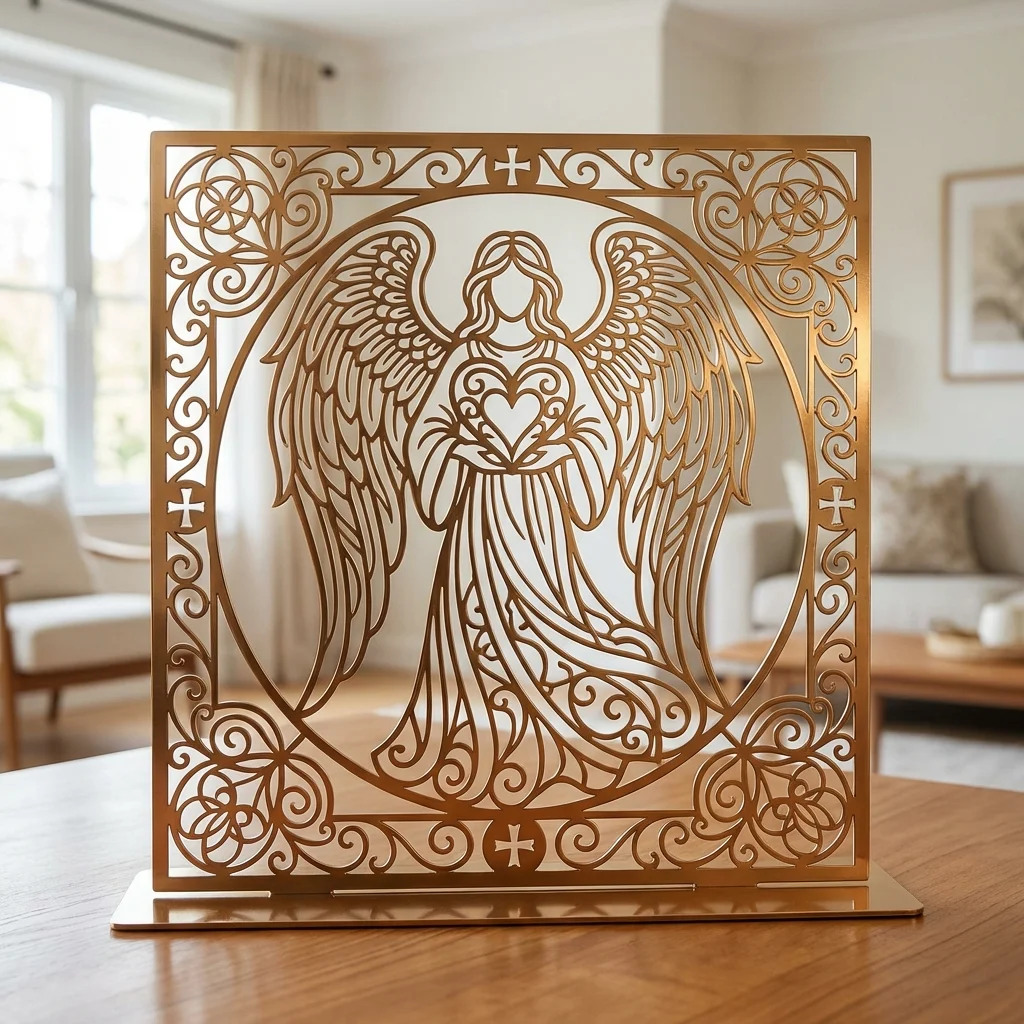 Anioł Serca Gloria – metalowa dekoracja wolnostojąca ustawiona na drewnianym stole w jasnym wnętrzu