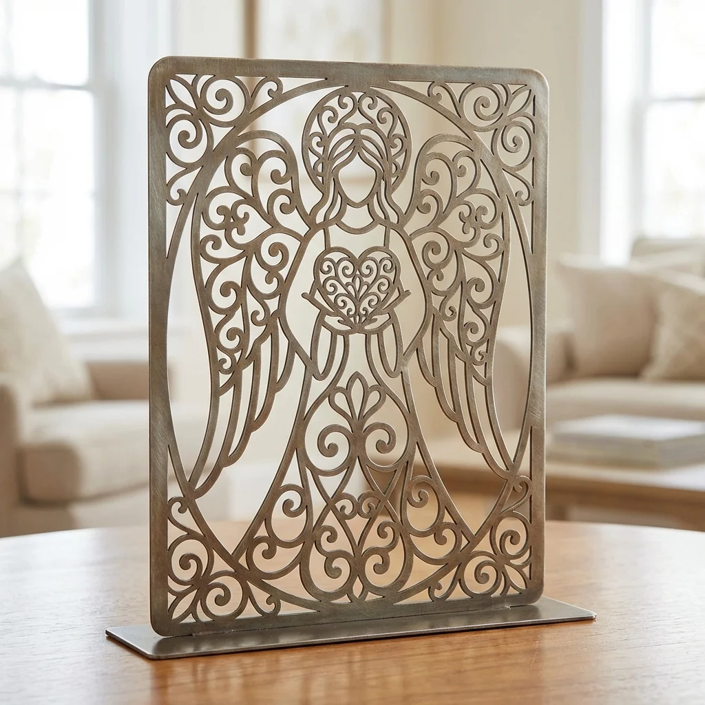 Anioł Serca Ornament – metalowa dekoracja wolnostojąca ustawiona na drewnianym stole w jasnym wnętrzu