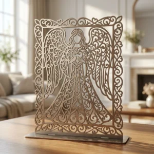 Anioł Serca w Ramie – metalowa dekoracja wolnostojąca ustawiona na drewnianym stole w jasnym wnętrzu