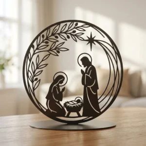 Betlejemska Noc – metalowa dekoracja wolnostojąca ustawiona na drewnianym stole w jasnym wnętrzu