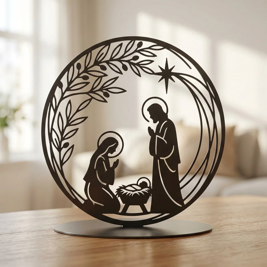 Betlejemska Noc – metalowa dekoracja wolnostojąca ustawiona na drewnianym stole w jasnym wnętrzu