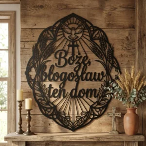 Boże Błogosław Ten Dom Aureola – metalowa dekoracja ścienna