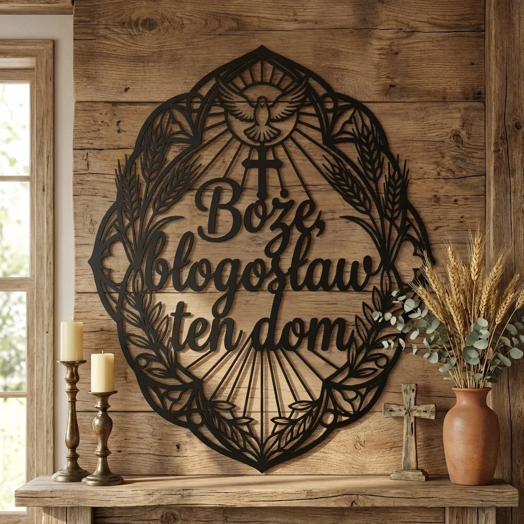 Boże Błogosław Ten Dom Aureola – metalowa dekoracja ścienna