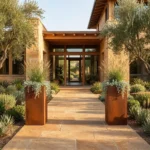 Cortenowa metalowa donica slim do ogrodu z trawami ozdobnymi przy nowoczesnym wejściu do domu