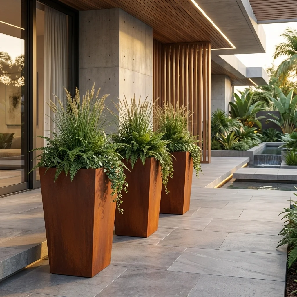 Cortenowe metalowe donice trapezowe do ogrodu z roślinami przy nowoczesnym domu