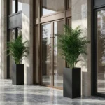 Czarna metalowa donica slim do ogrodu z rośliną ustawiona przy nowoczesnym wejściu do budynku